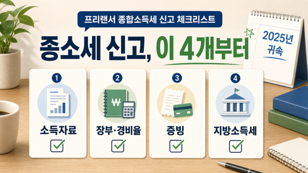 프리랜서 종합소득세 신고 전 소득자료, 장부, 증빙, 지방소득세를 확인하는 체크리스트 이미지