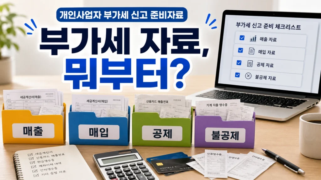 개인사업자 부가세 신고 전 준비자료를 매출 매입 공제 불공제로 나눈 체크리스트 이미지