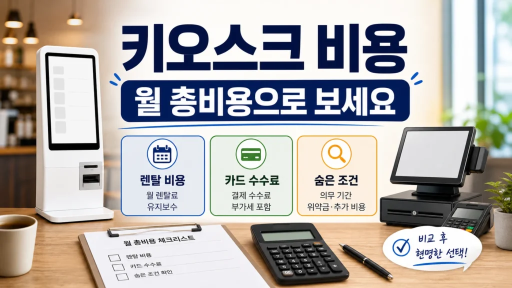 키오스크 렌탈 비용과 포스 수수료를 월 총비용으로 비교하는 이미지