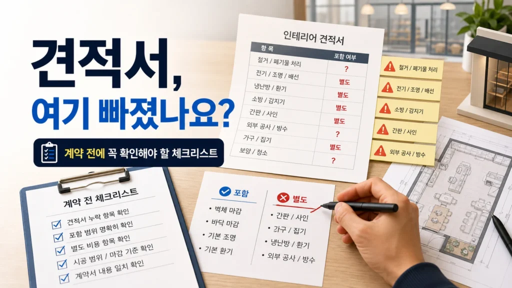 상가 인테리어 견적서 누락 항목을 표시한 체크리스트 이미지