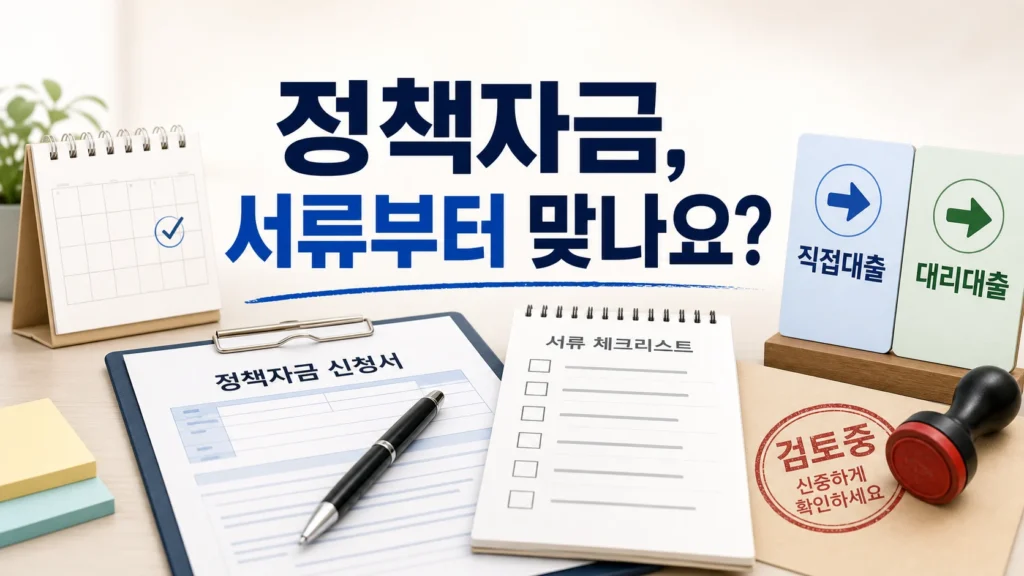 소상공인 정책자금 신청 조건과 서류 체크리스트를 상징하는 신청서와 점검표