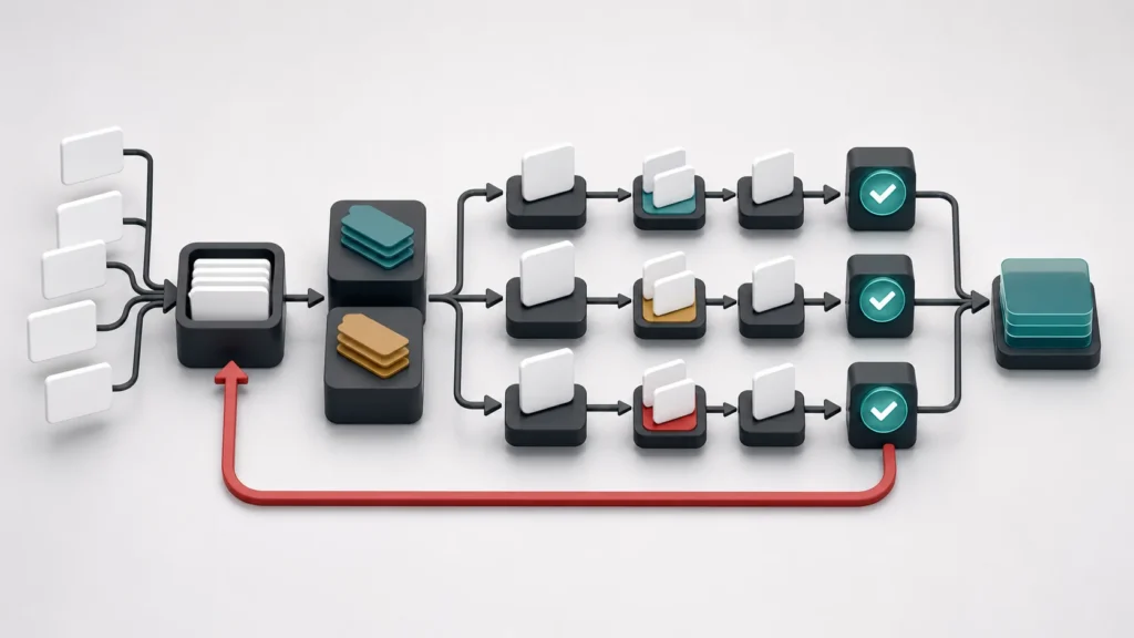 Dependabot security updates 체크리스트를 상징하는 dependency alert, pull request, rollback 흐름의 추상 이미지